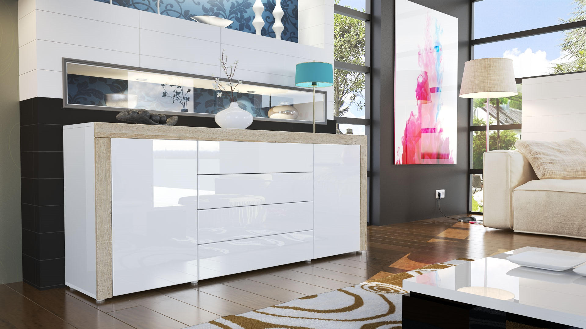 SIDEBOARD La Paz Weiß Hochglanz / Eiche sägerau - Weiß Hochglanz, Holzwerkstoff (167/72/35cm) - Vladon