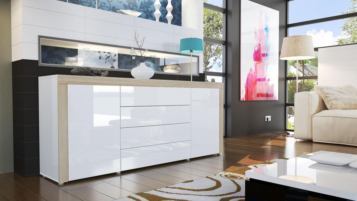 SIDEBOARD La Paz Weiß Hochglanz / Eiche sägerau - Weiß Hochglanz, Holzwerkstoff (167/72/35cm) - Vladon