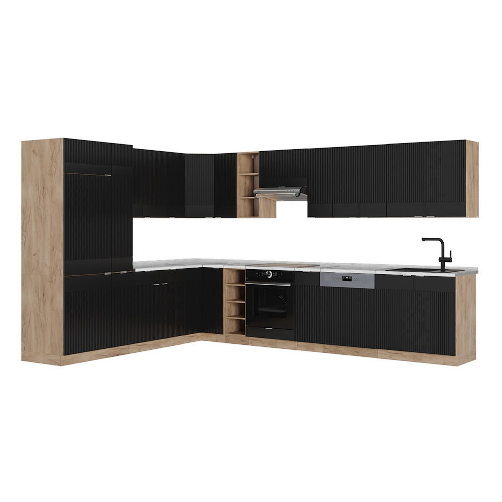ECKKÜCHE Fame-Line, Schwarz gestreift/Goldkraft Eiche, 347 x 257 cm ohne Arbeitsplatte - Eichefarben/Schwarz, Holzwerkstoff (347/206.8/51.6cm) - Vicco