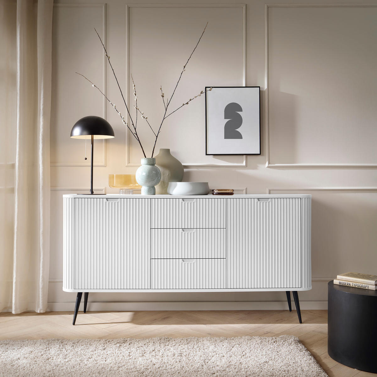SIDEBOARD ZENZERO 168/87/39 cm mit 3 Schubladen 2 Türen Weiß - Weiß, Holzwerkstoff (168/87/39cm) - MASSENO
