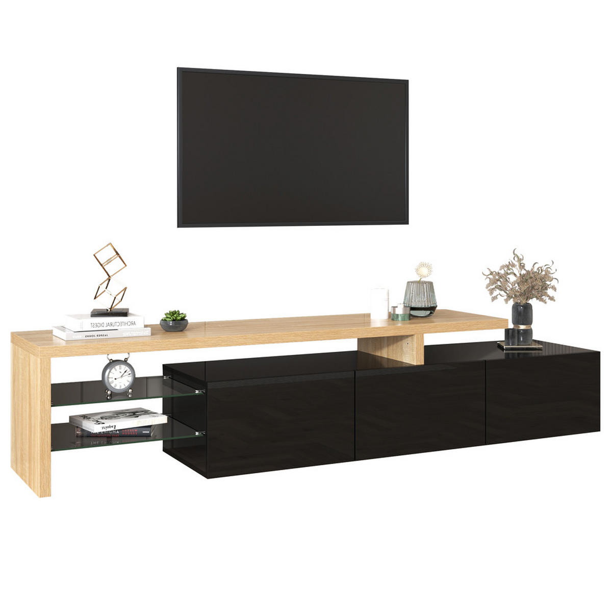 TV-SCHRANK Modern Hochglanzschwarz Holzoptik Glasböden LED-Beleuchtung - Schwarz, Holz (48/22/64cm) - FLIEKS
