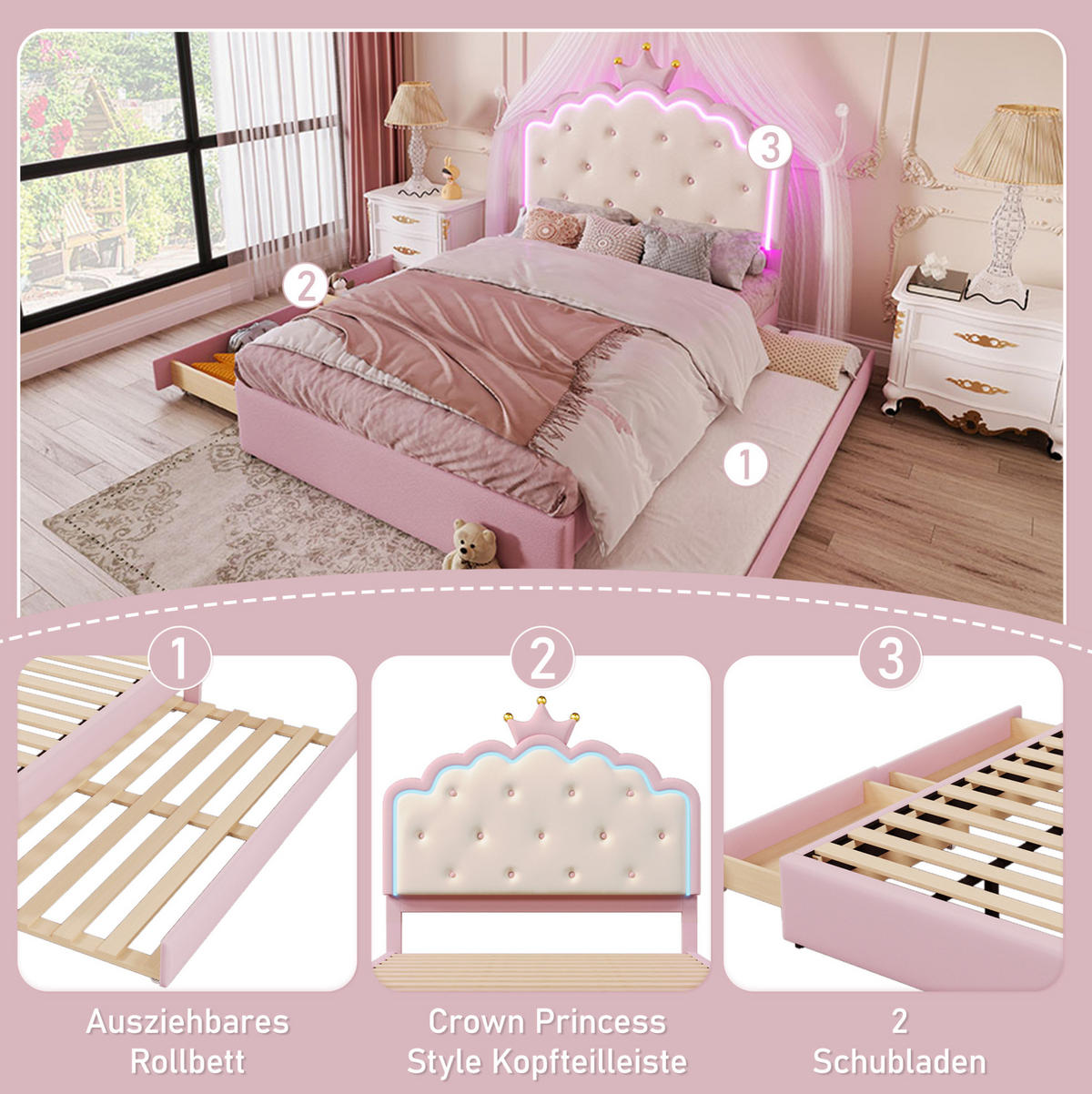 POLSTERBETT 140/200 cm rosa aus PU mit Ausziehbett und LED-Beleuchtung - Rosa, Kunststoff (140/200cm) - OKMYHOME