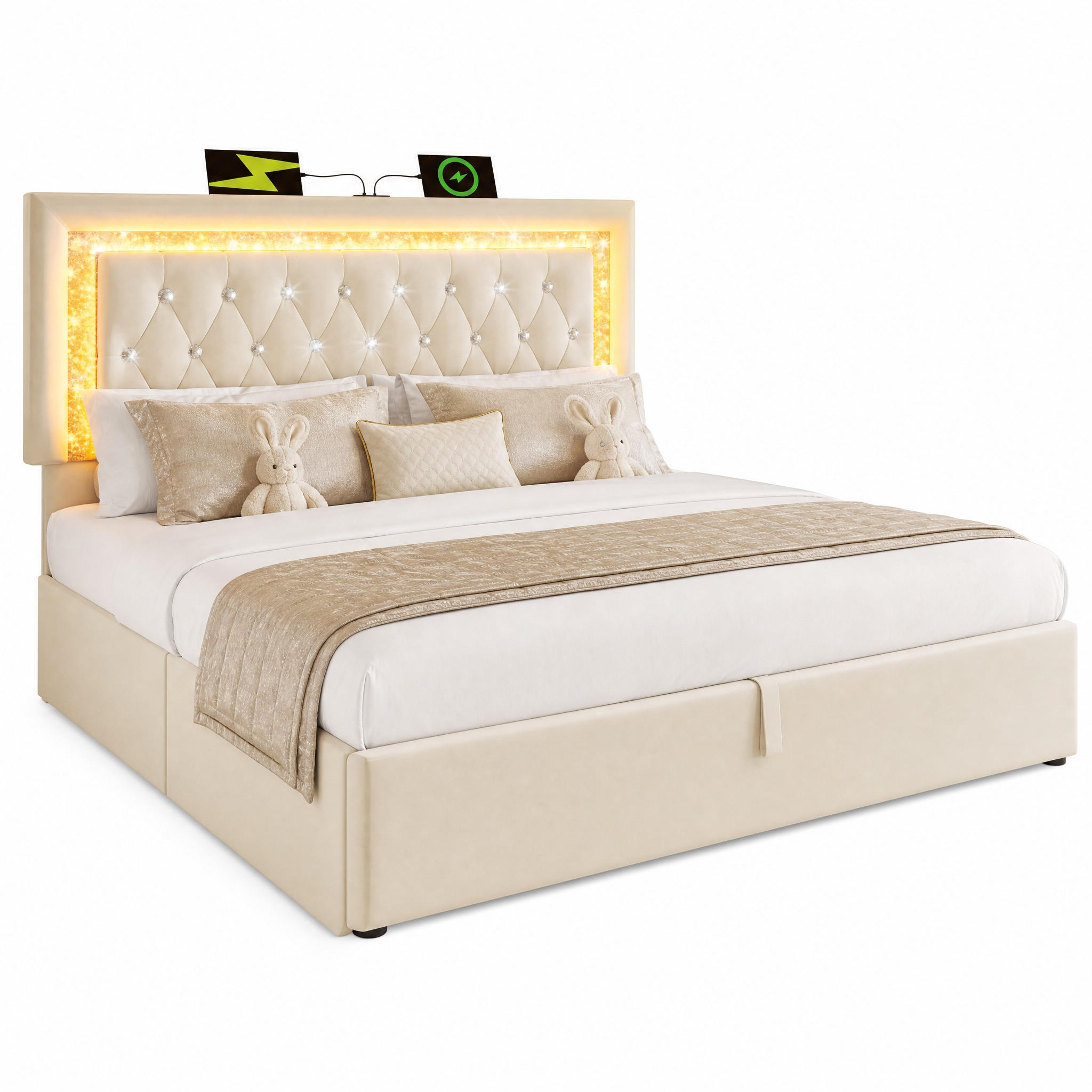 POLSTERBETT 160/200 cm in Beige Samt mit Bettkasten, LED, USB und Type-C - Beige, Holzwerkstoff/Textil (160/200cm) - STILVORA