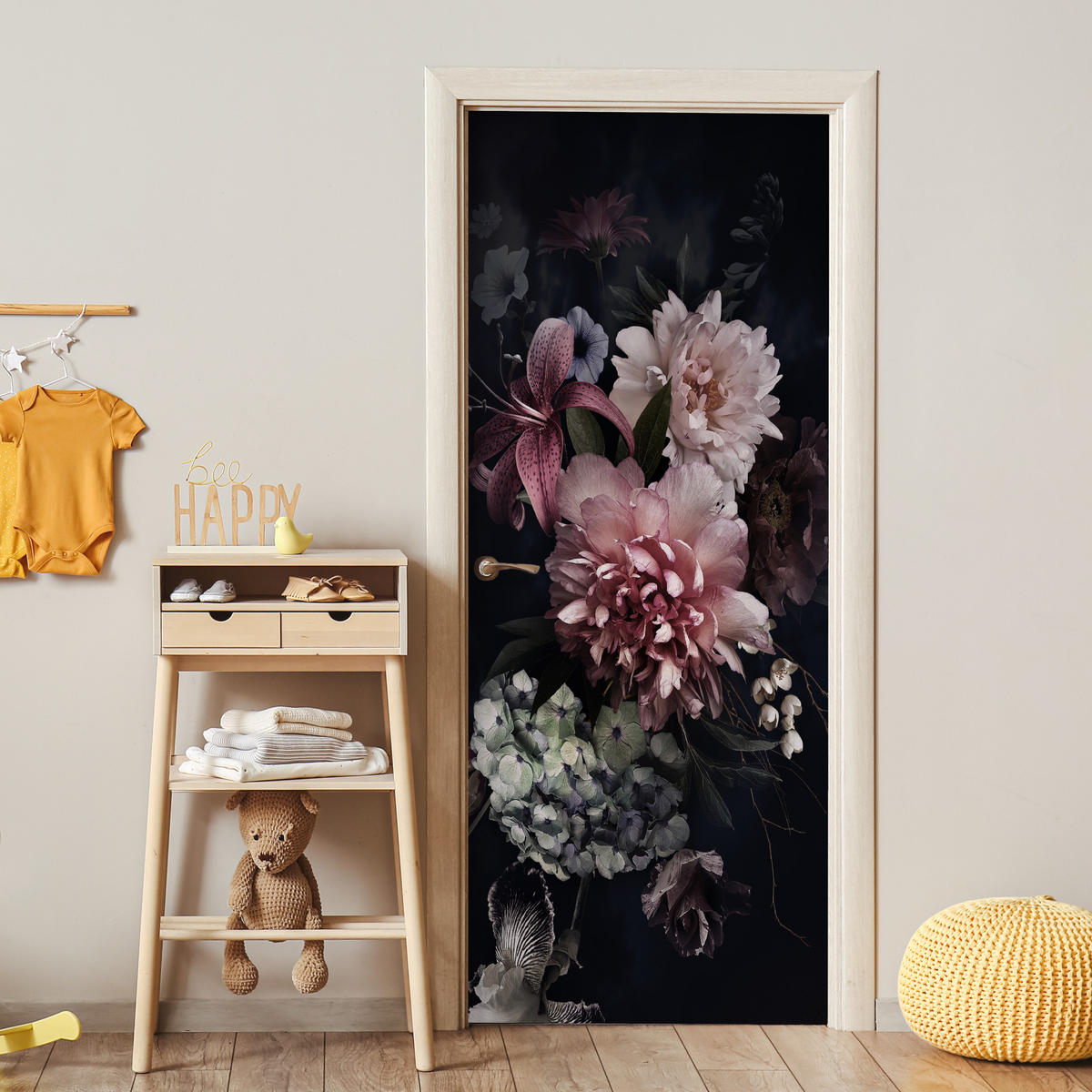 FOTOTAPETE Tür - Blumen - Vintage - Pastell - Rosa - Weiß 95x215 cm - Altrosa, Kunststoff (95/0.1cm) - MuchoWow