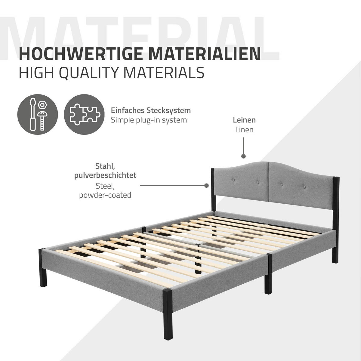 ČALOUNĚNÁ POSTEL 140x200 cm šedá s roštem a lněnou látkou - šedá, kompozitní dřevo/textil (140/200cm) - ML-DESIGN