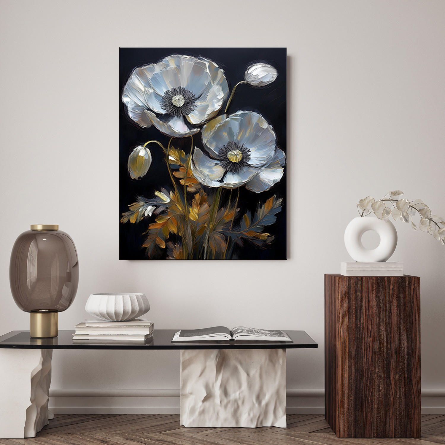 WANDBILD gemalter mohn silberne blumen - Silberfarben, Textil (40/60cm) - Feeby