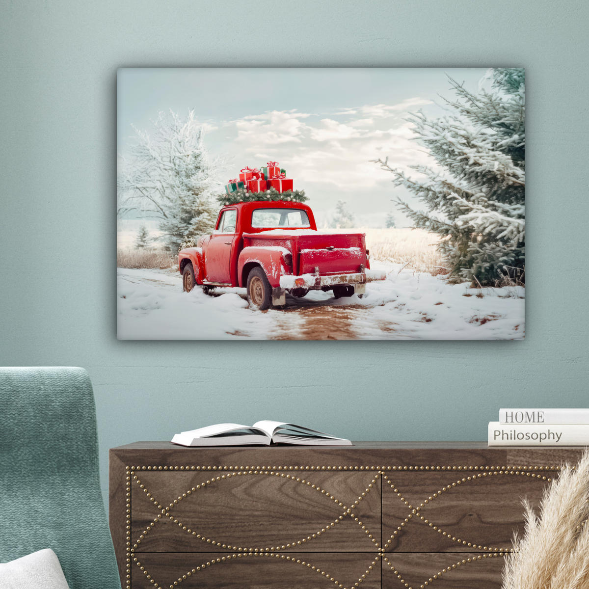 LEINWANDBILD Auto - Rot - Geschenke - Winter - Schnee - Weihnachten Wanddeko 90x60 cm - Rot, Textil (90/60cm) - MuchoWow