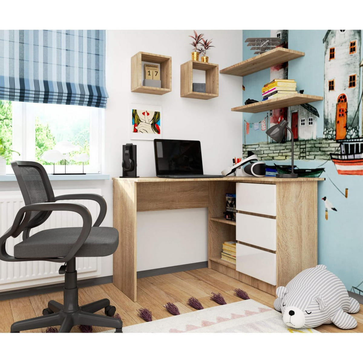 SCHREIBTISCH Eiche Sonoma, Weiß 77/124/85 - Weiß/Sonoma Eiche, Holzwerkstoff (85/124/77cm) - RAUMHIRSCH FURNITURE