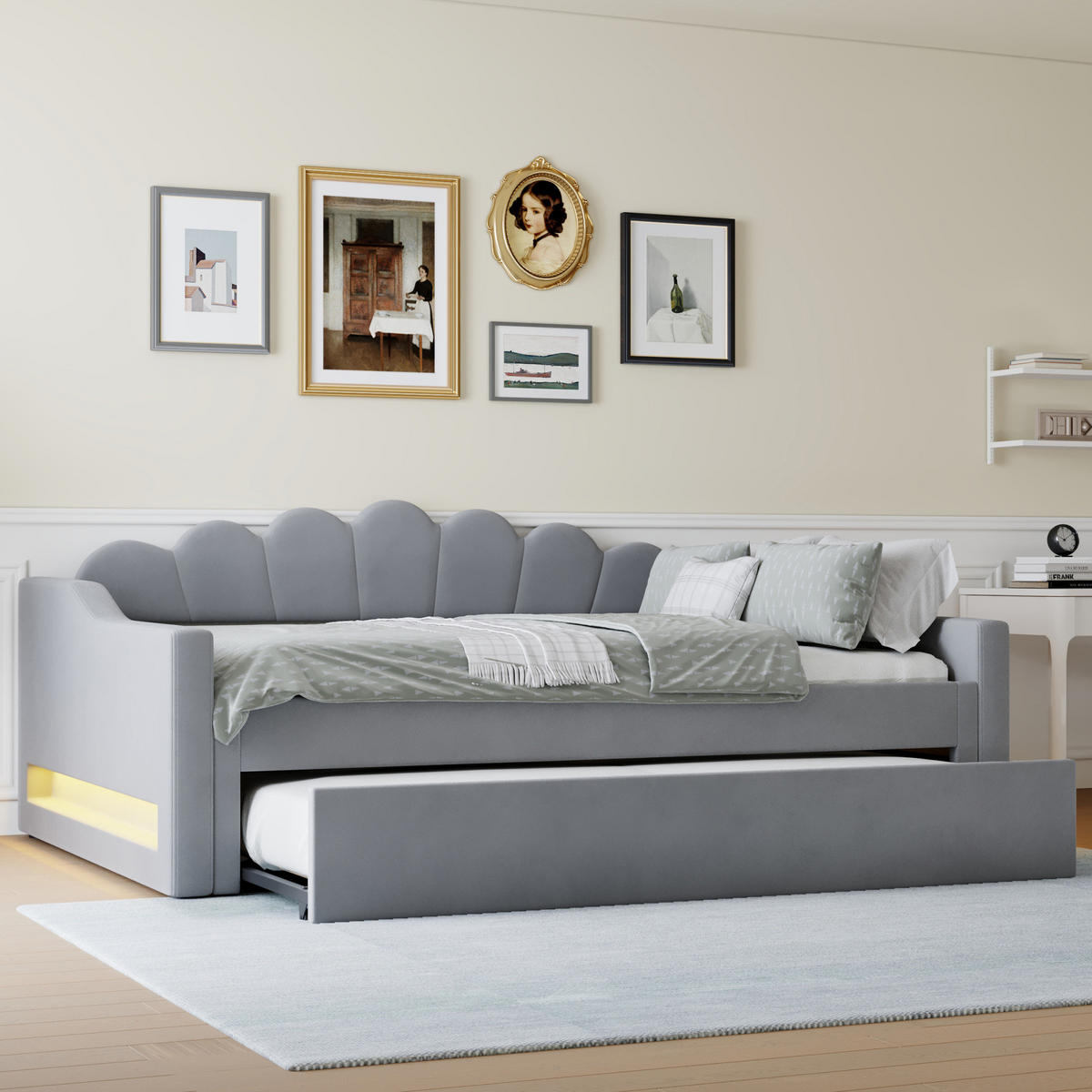 POLSTERBETT 140/200 cm mit Ausziehbett und LED-Beleuchtung in Grau - Grau, Holzwerkstoff (140/200cm) - BEAOK