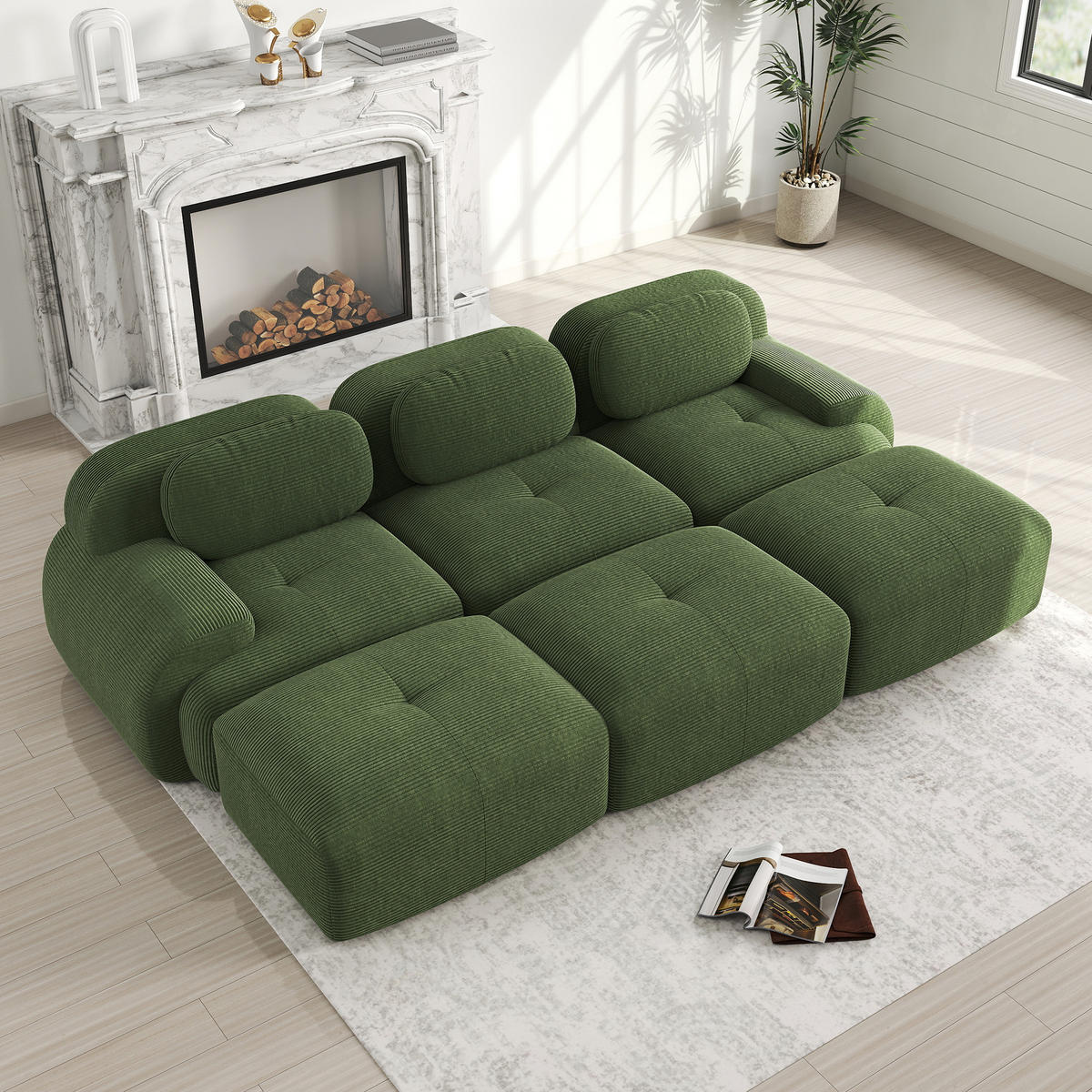 3-SITZER Sofa 298×178×75 cm Cordstoff rahmenlos modular mit 3 Hockern, grün - Grün, Textil (178/75/298cm)