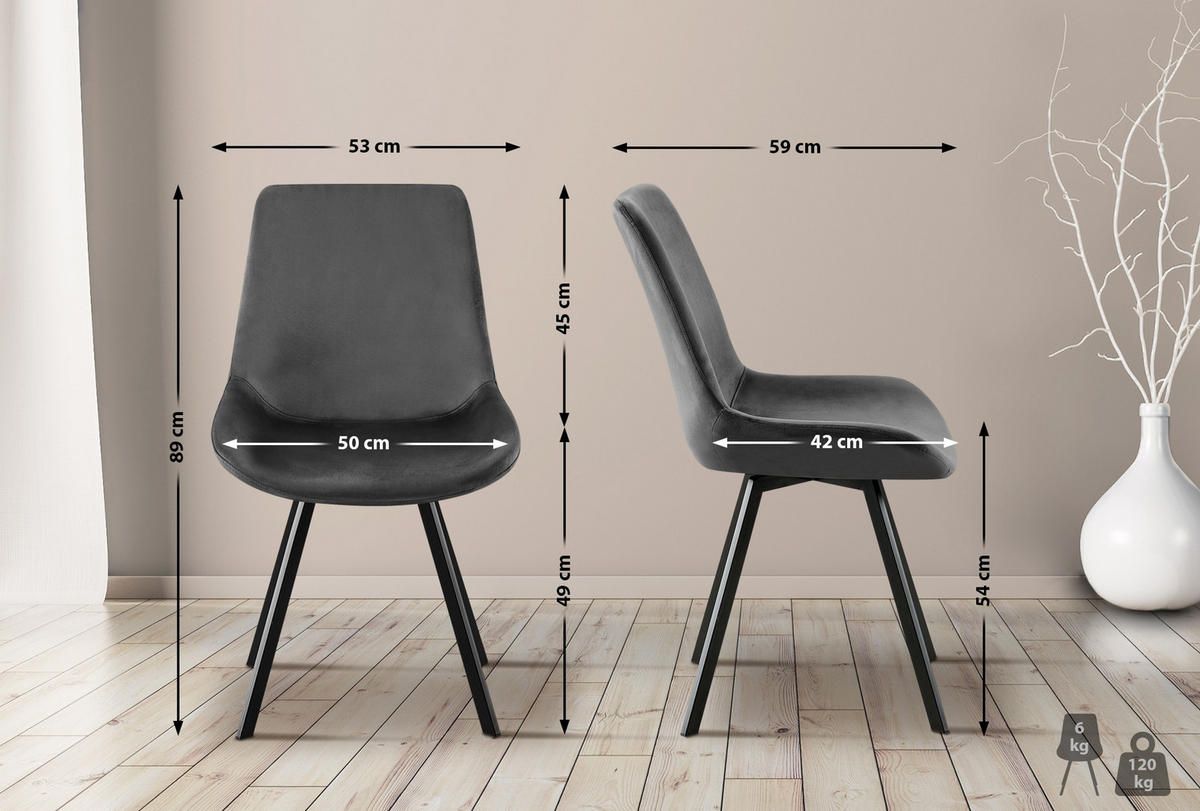 STUHL Samt dunkelgrau - Dunkelgrau/Schwarz, Textil/Metall (53/89/59cm) - CLP