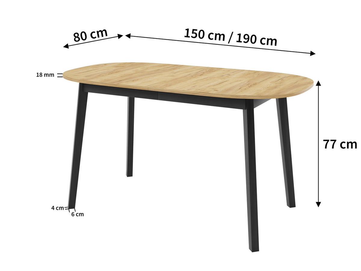 ESSTISCH VITO S Ausziehbar 150 - 190 / 80 x 77 cm - Schwarz/Weiß, Holz (150/80/77cm) - MASSENO