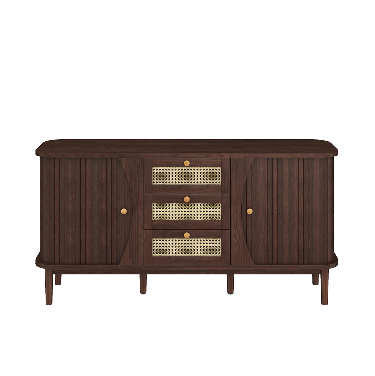 KOMMODE aus Spanplatte 140,5x40x76cm in Walnussfarben mit Rattan-Schubladen - Walnussfarben, Holzwerkstoff (140.5/76/40cm) - Modfu