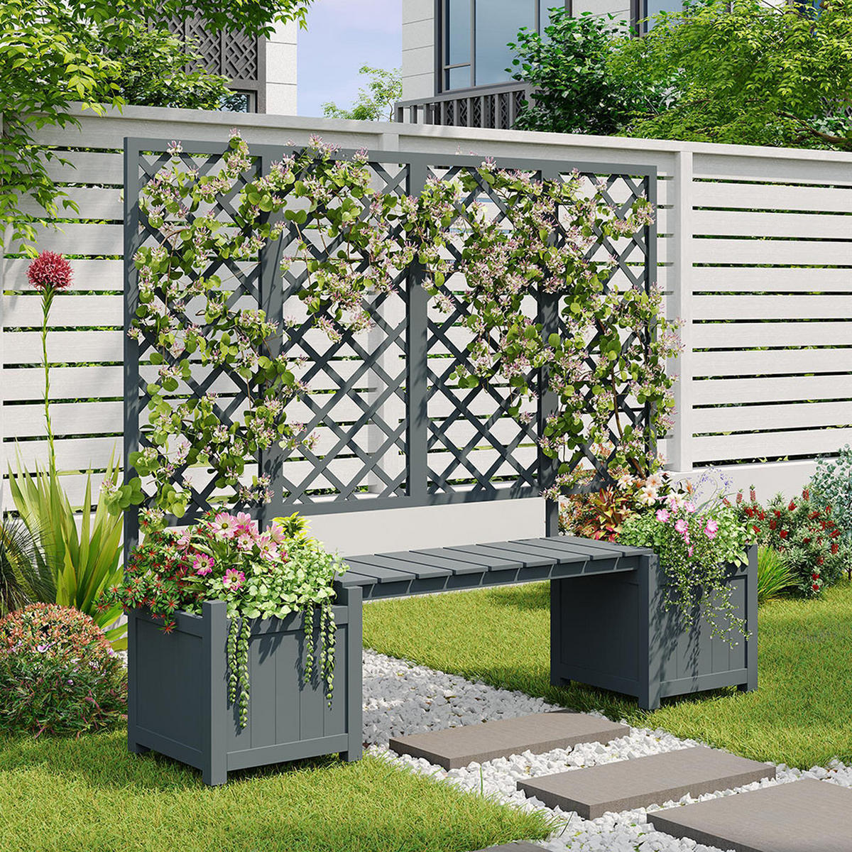 BLUMENKASTEN mit Spalier und Sitz für Garten Hof Terrasse，grau - Grau, Holz (42/145/169cm) - KOMHTOM