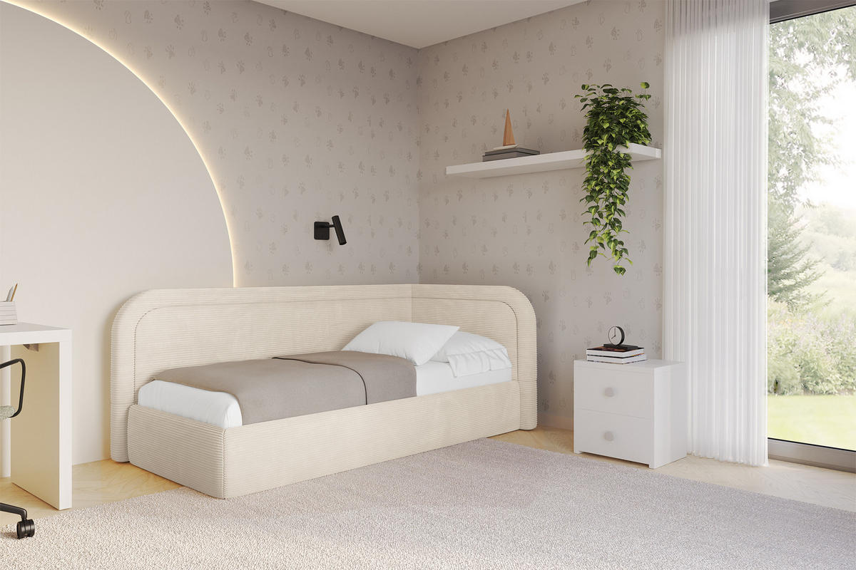 EINZELLBETT Jugendbett mit Bettkasten, Links - JOVY 80x200 Beige - Creme, Holzwerkstoff/Textil (80/200cm) - ALTDECOR