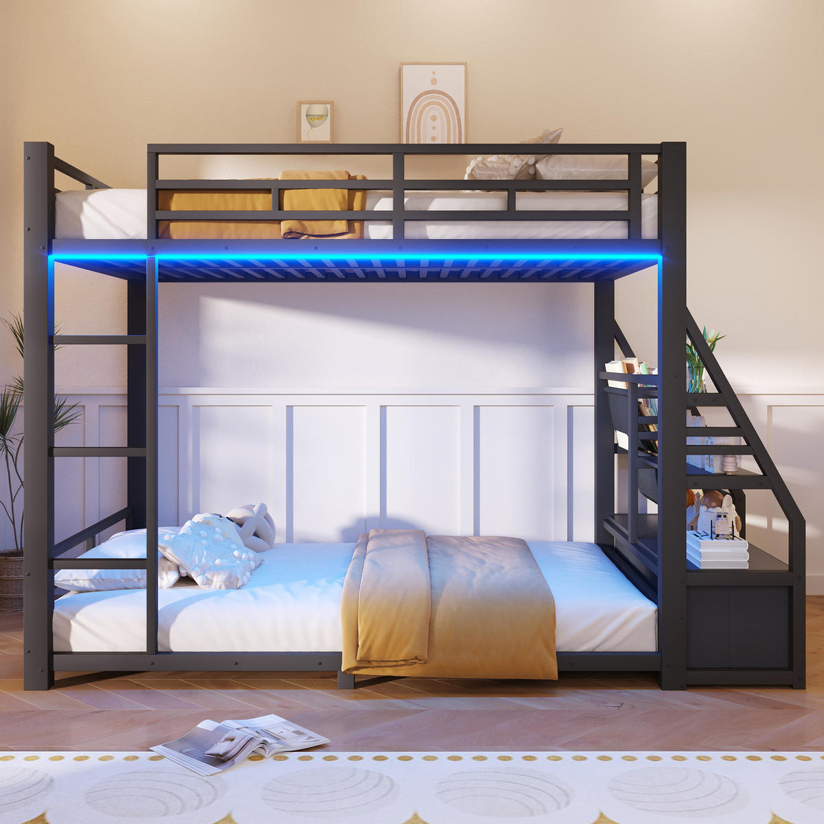 ETAGENBETT 90x200cm mit LED-Beleuchtung, mit 2 Stoffschubladen, Schwarz - Schwarz, Metall (90/200cm) - KOMHTOM
