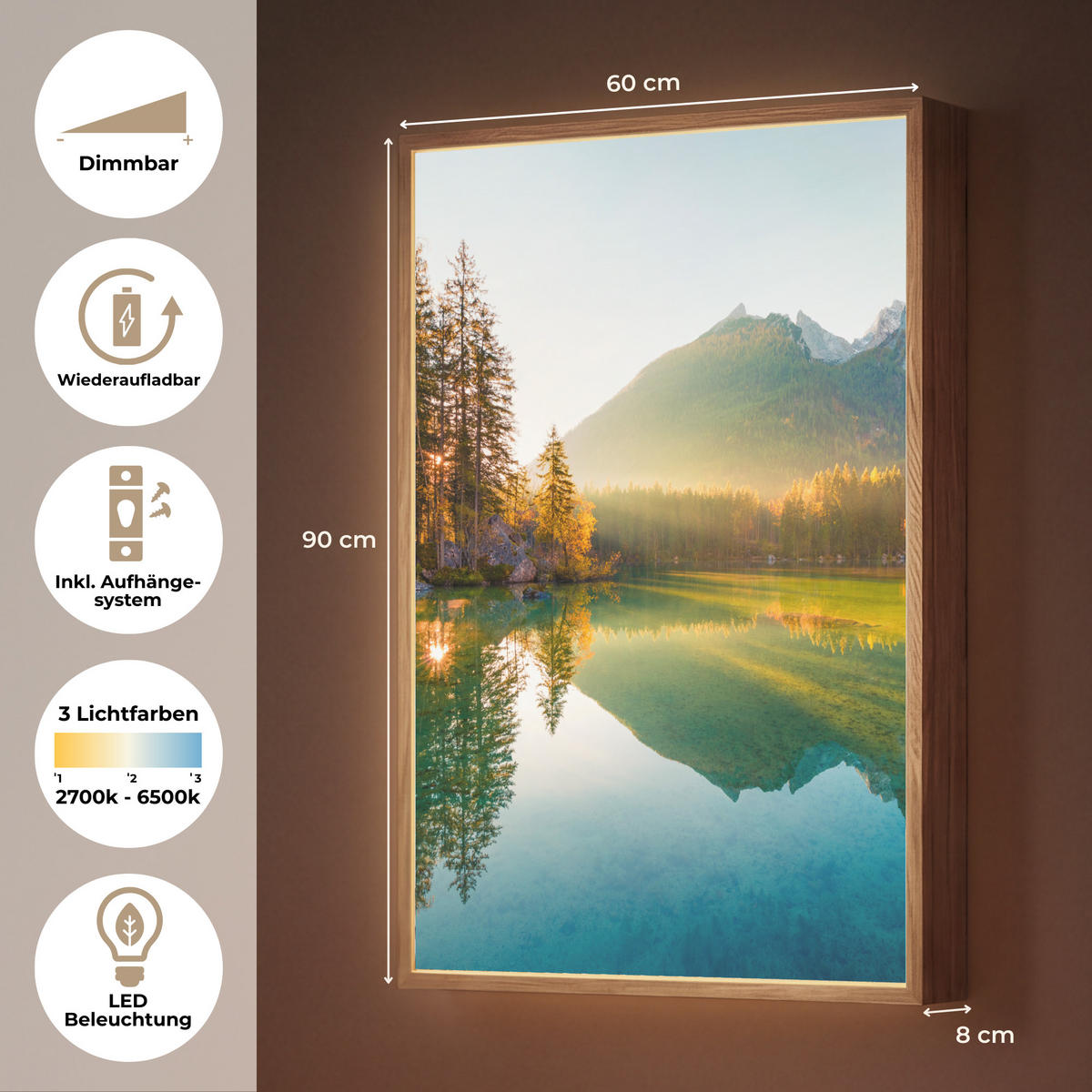WANDLEUCHTE MIT AKKU See - Wald - Berge - Natur - Sonne - Landschaft 60x90 cm - Grün, Holzwerkstoff (60/90/8cm) - OnlyWow