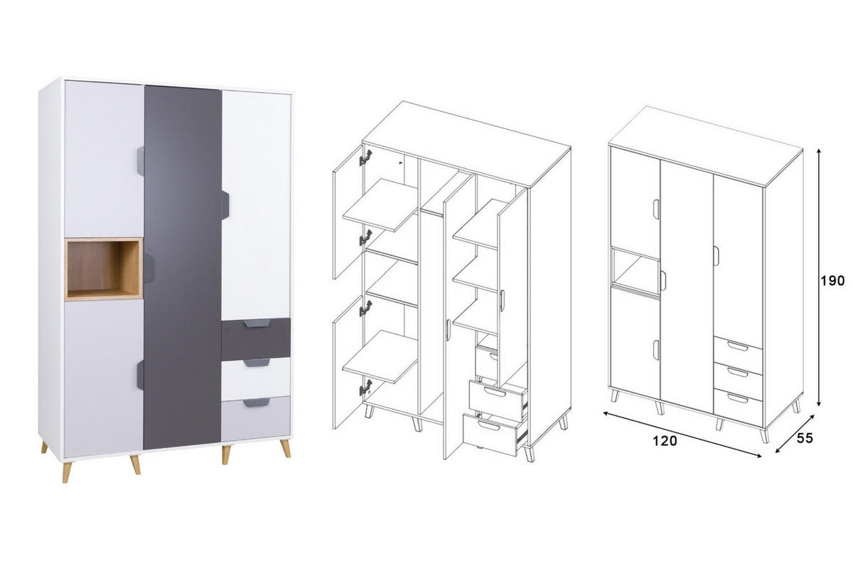 JUGENDZIMMER-SET JUSTIN A 4-teilig in Weiß / Graphit / Grau / Eiche - Eichefarben/Graphitfarben, Holzwerkstoff (377/190/204cm) - Deine Möbel 24
