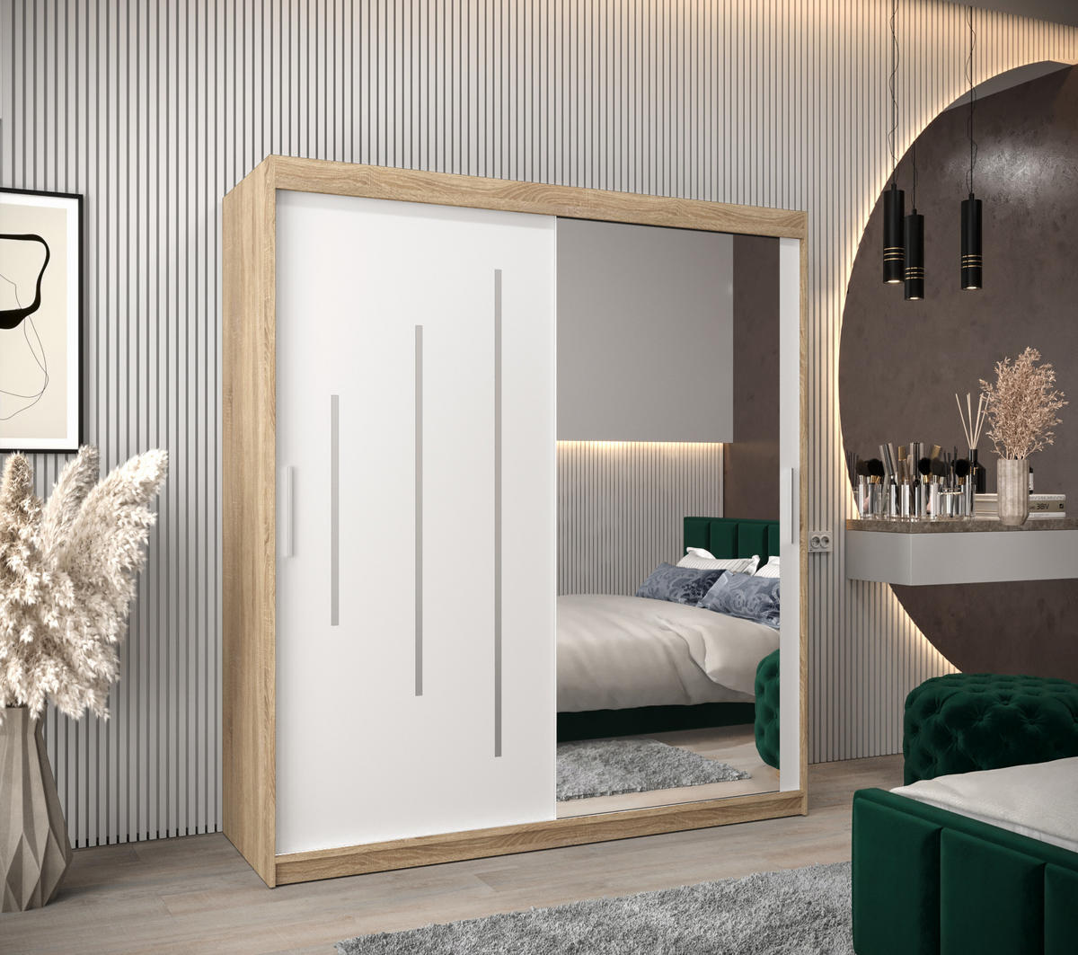 SCHWEBETÜRENSCHRANK 200/180/62 2-türig - Silberfarben/Weiß, Holz/Kunststoff (180/200/62cm) - Abiks Möbel