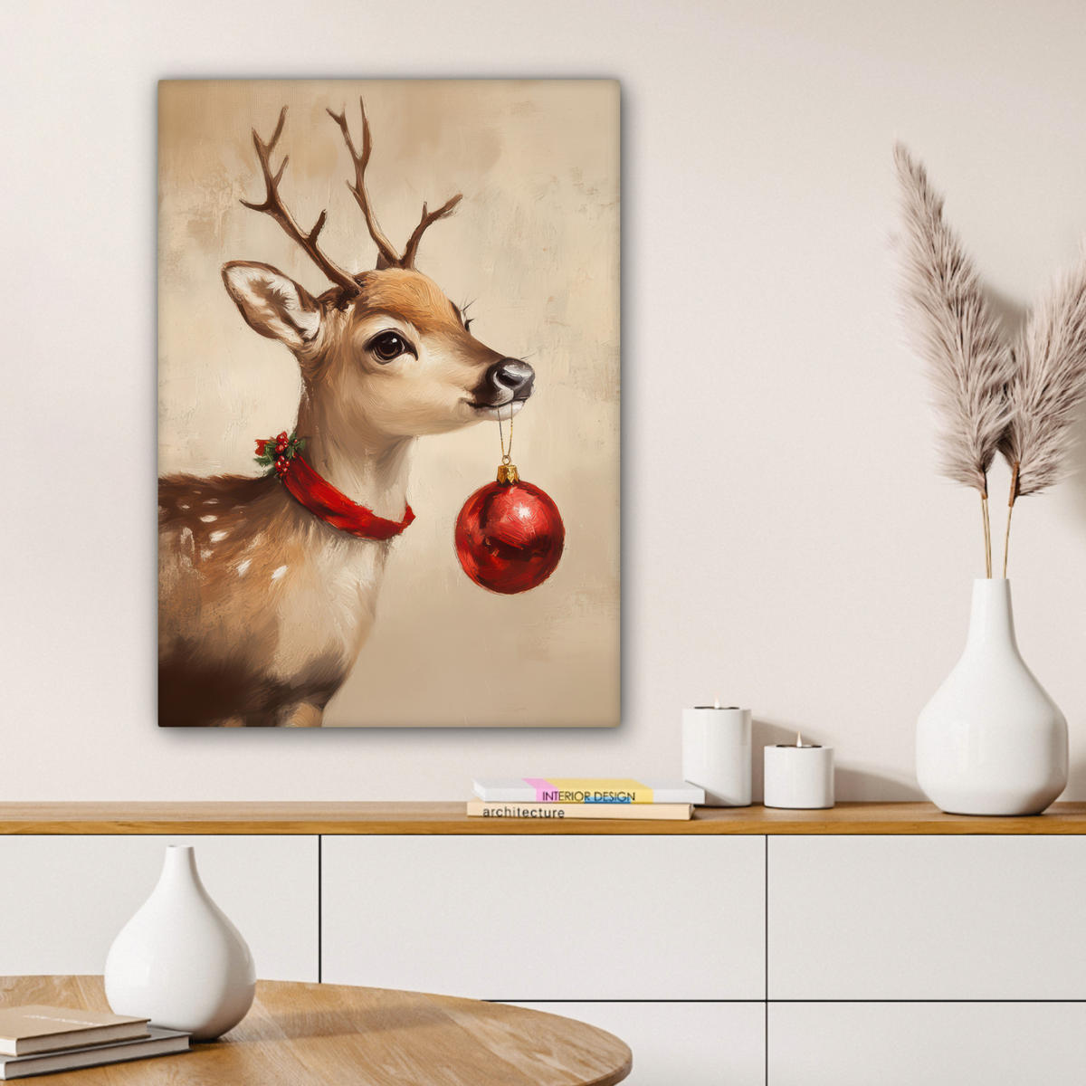 LEINWANDBILD Weihnachten - Hirsch - Geweih - Weihnachtskugel - Rentier Wandbild Wohnzimmer 60x80 cm - Hellbraun, Textil (60/80cm) - MuchoWow