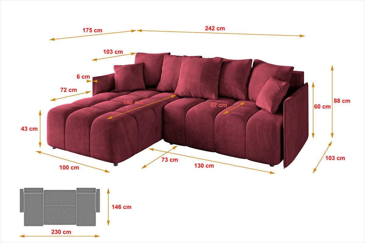ECKSOFA mit Schlaffunktion und Bettkasten LONLI-L 242x175x88 Bordeaux Velours - Bordeaux, Holzwerkstoff/Kunststoff (242/175cm) - ALTDECOR