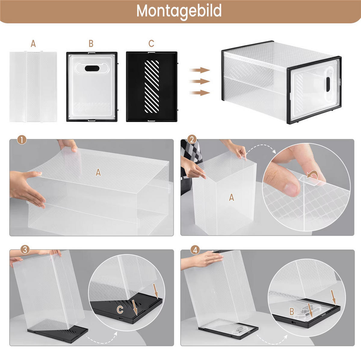 SCHUHSCHRANK 18 Stück Stapelbar Schwarz Transparent Magnettür - Transparent, Kunststoff (75/111.5/35.5cm) - Kaket