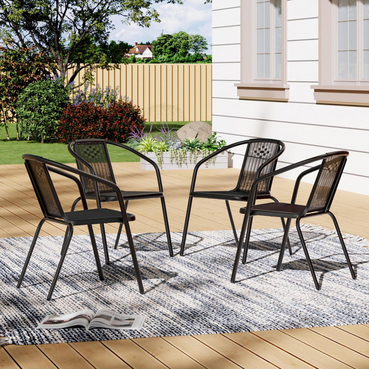 STAPELSTUHL 4er-set (4 Stühle) aus PE-Rattan Metallgestell in Schwarz für Garten Terrase und Balkon - Schwarz, Metall (33/72/42cm) - Livingandhome