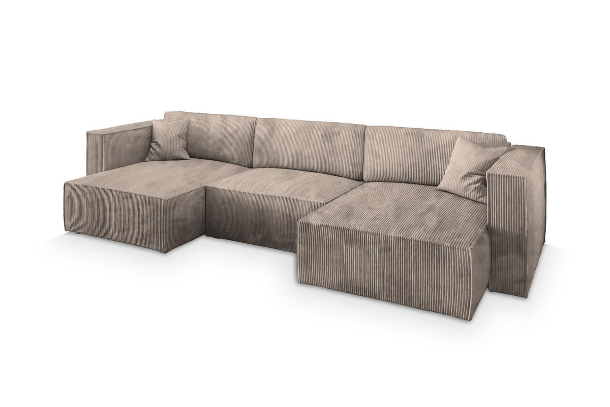 WOHNLANDSCHAFT SARMO P Beige Kordstoff mit Schlaffunktion - Beige, Holz (347/70/148cm) - MASSENO