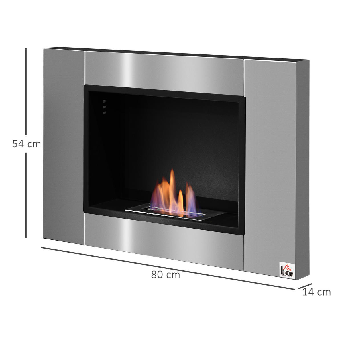 ETHANOL-KAMIN, 0,9 L, 3 Stdn., kein Rauch, Edelstahl, 80 x 14 x 54 cm - Silberfarben, Metall (14/54/80cm) - HOMCOM