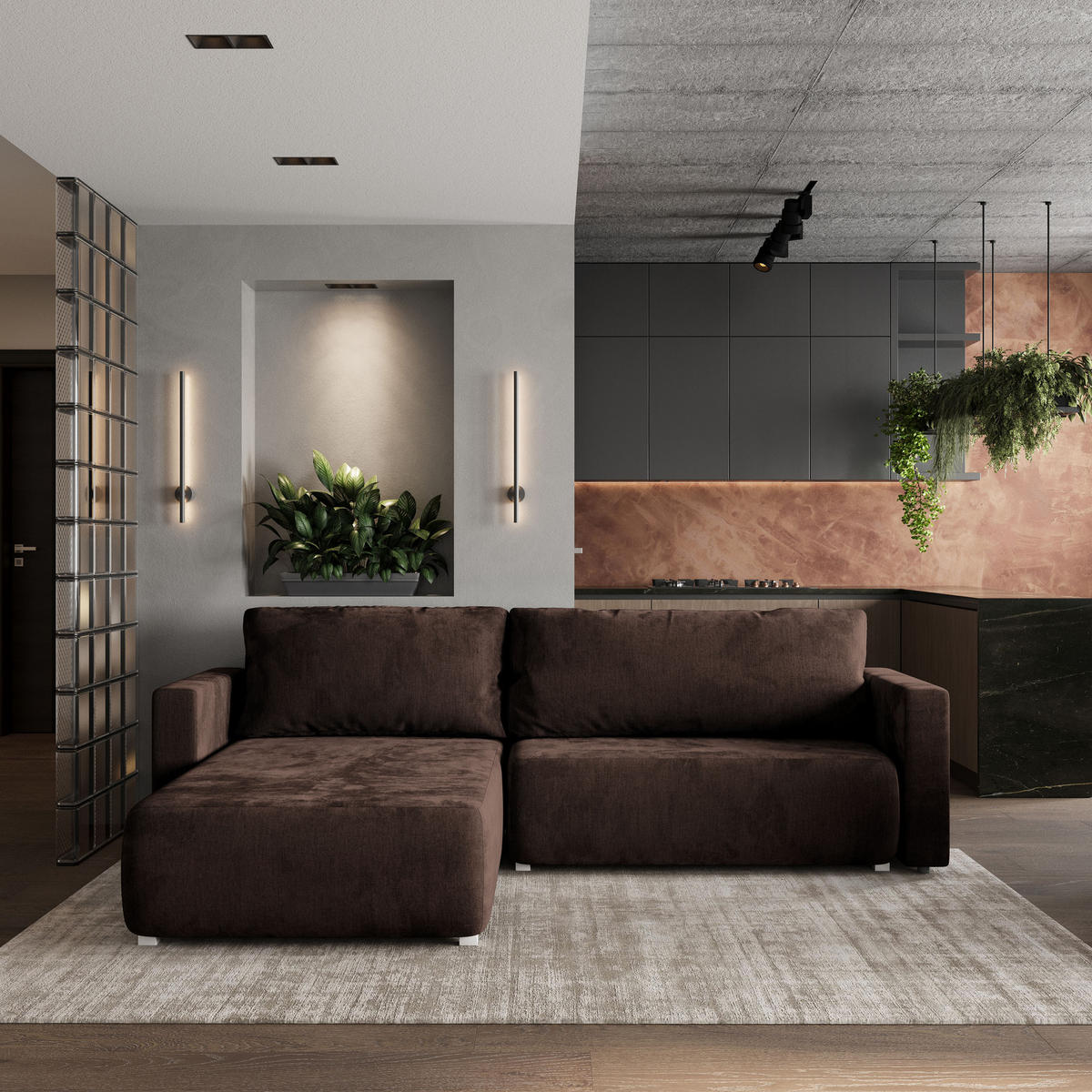 ROHOVÁ SEDAČKA TURIN hnědá - šedá/hnědá, dřevo/textil (265/183cm) - MASSENO