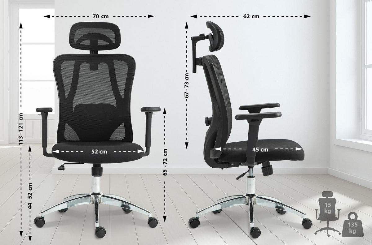 BÜROSTUHL Kairox schwarz - Chromfarben/Schwarz, Kunststoff/Metall (70/121/62cm) - TPFLiving