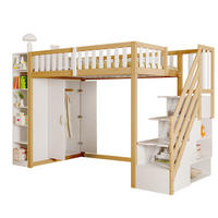 HOCHBETT aus Holz 90x200 cm Weiß/Naturholz mit Kleiderschrank, Regalen und Leiter mit Stauraum - Weiß, Holzwerkstoff (90/190cm) - Modfu