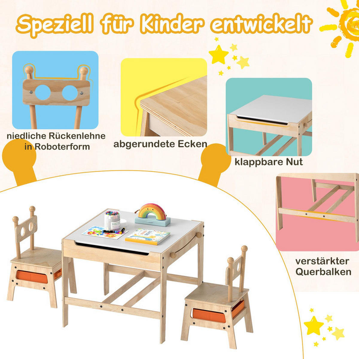 KINDERTISCH mit Stühlen natur(3-tlg) - Naturfarben, Holzwerkstoff (60/49/60cm) - COSTWAY