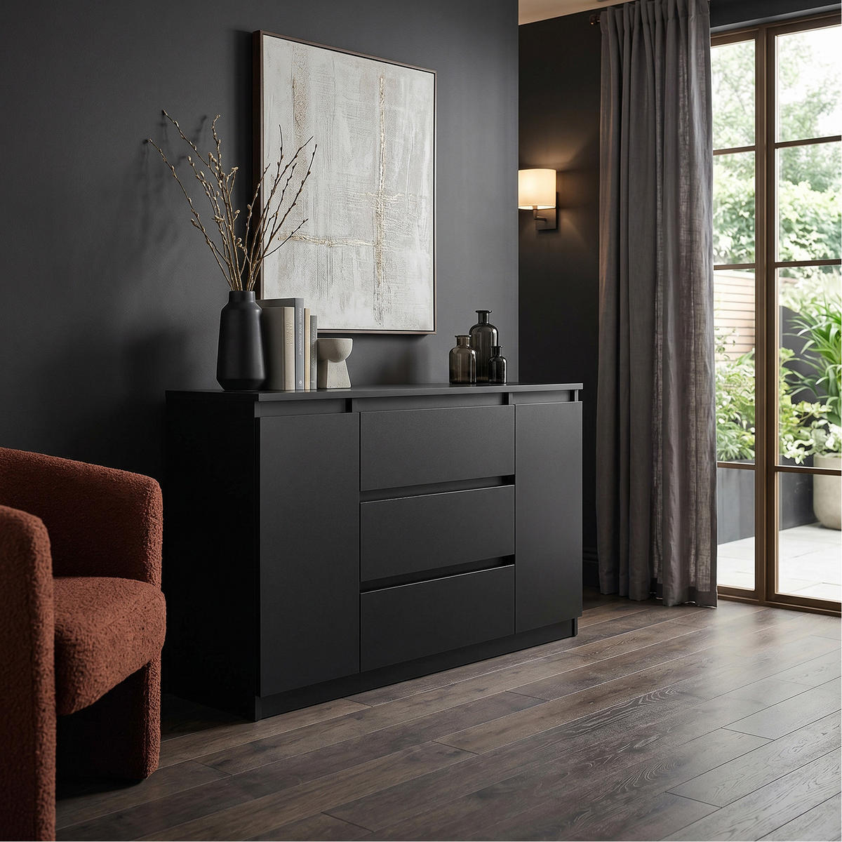 KOMMODE NUDO 138,5/78,2/39cm mit 3 Schubladen 2 Türen Schwarz - Schwarz, Holzwerkstoff (138.5/78.2/39cm) - MASSENO