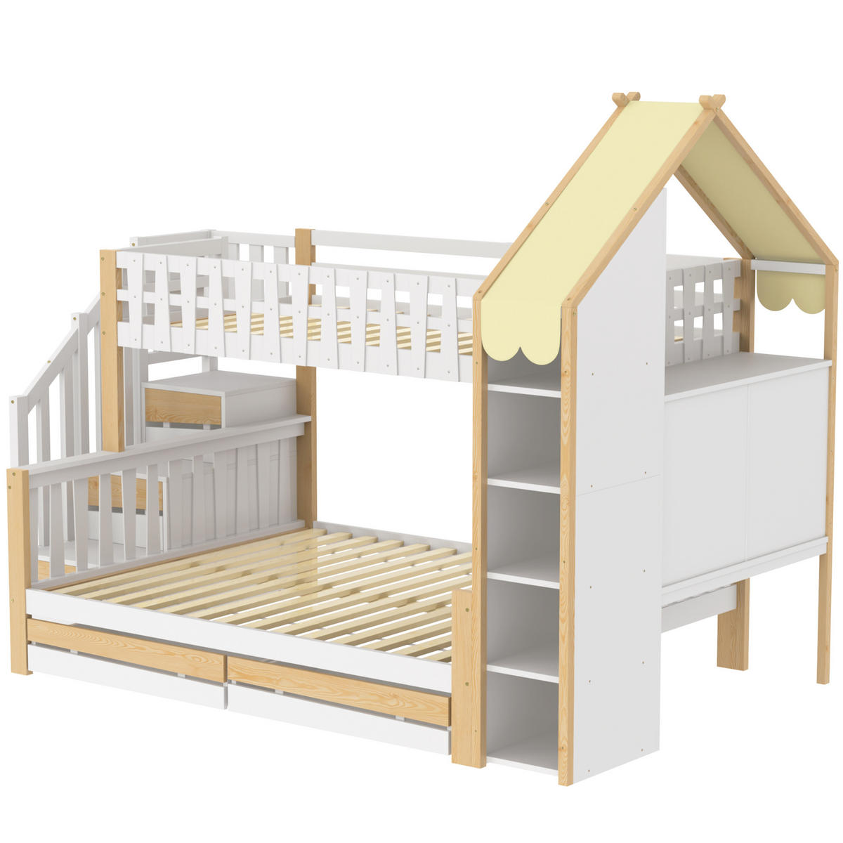 ETAGENBETT 90/200 cm mit Stauraumleiter und Bettgitter in Weiß und Natur - Weiß, Holz (90/200cm) - OKWISH