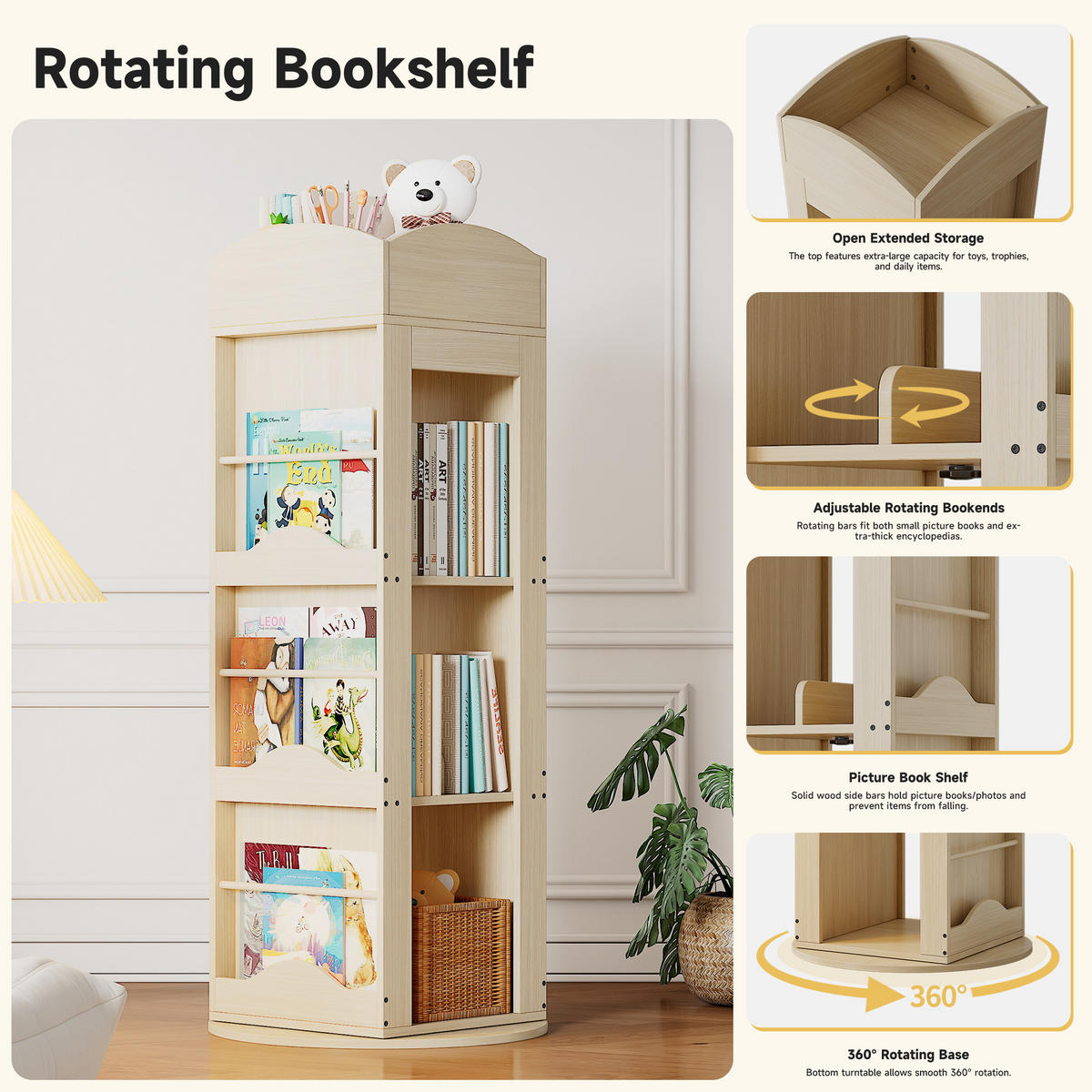 BÜCHERREGAL in Naturfarben Standregal mit 360-Grad-Drehfunktion für Kinder und Erwachsene B63/T63/H142cm - Naturfarben, Holzwerkstoff (63/142/63cm) - STILVORA