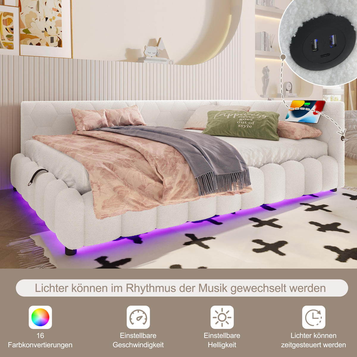 POLSTERBETT 90/200 cm Weiß aus Vliesimitat und MDF mit LED-Lichtleiste - Weiß, Textil (90/200cm) - OKMYHOME