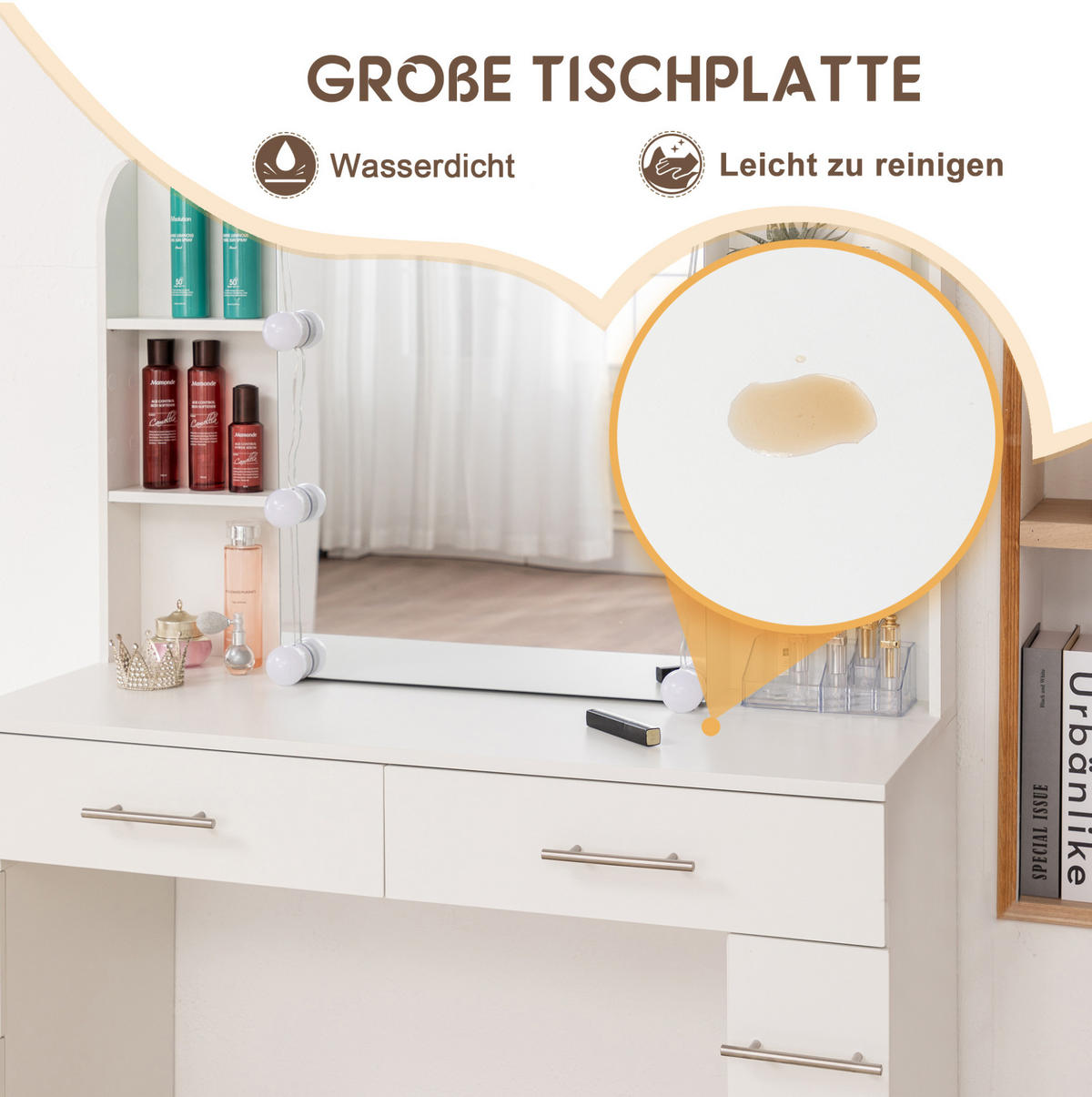 SCHMINKTISCH 40,5/100/136 cm Weiß 10 LEDs mit Spiegel Stauraum aus MDF - Weiß, Holzwerkstoff (40.5/136/100cm) - OKWISH