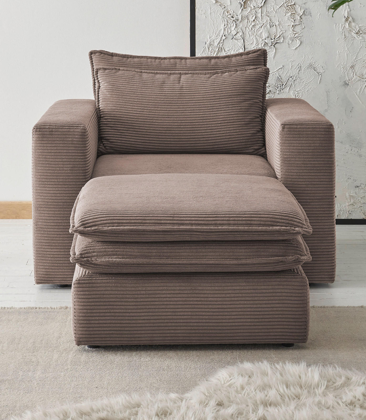 LOVESEAT Set braun Cord, Loungesessel inklusive Hocker - Beige/Braun, Holz/Kunststoff (110/83/161cm) - Furn.Design