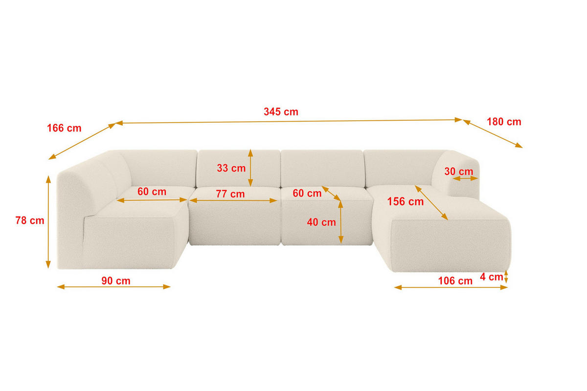 WOHNLANDSCHAFT Ottomane Rechts MOVO-L 345x180x78 cm Beige Bouclé - Sandfarben/Beige, Holzwerkstoff/Kunststoff (345/78/180cm) - ALTDECOR