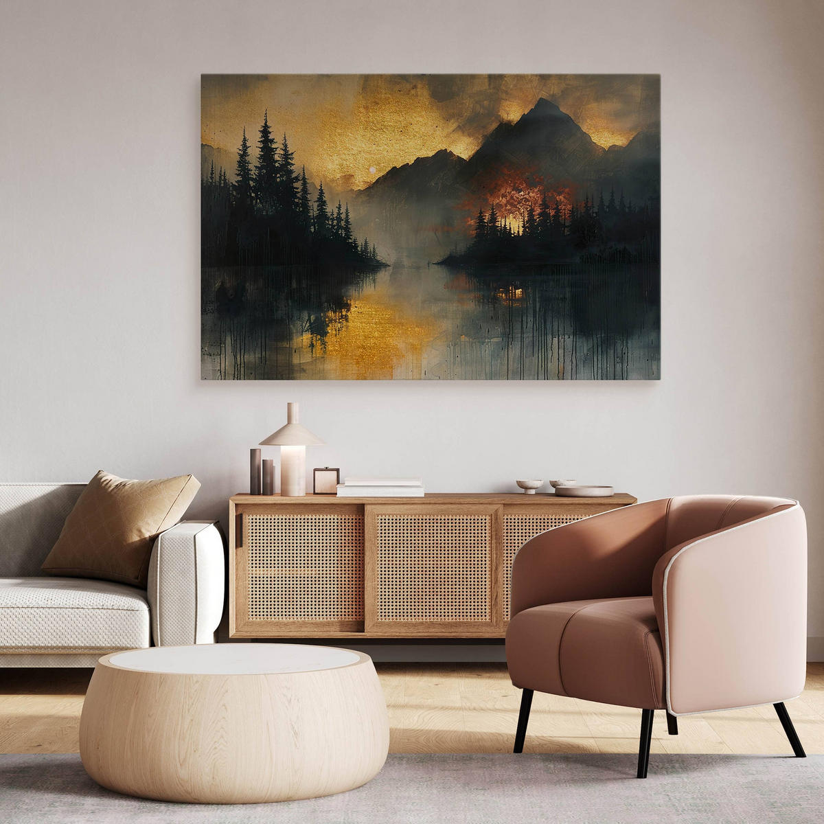 LEINWANDBILD Berge Wald Landschaft Glamour Stil 30x20 cm - Beige/Schwarz, Textil (30/20cm) - Muralo