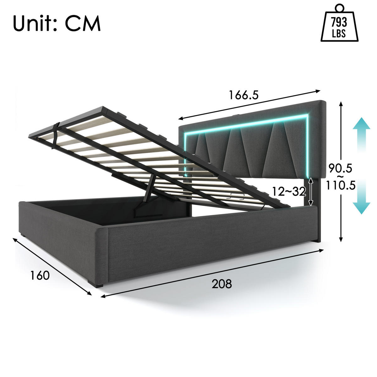 POLNJENA postelja iz lanu 160x200 cm siva z LED osvetlitvijo, USB in Type-C priključkom ter dvižnim prostorom za shranjevanje - siva, tekstil (160/200cm) - Modfu