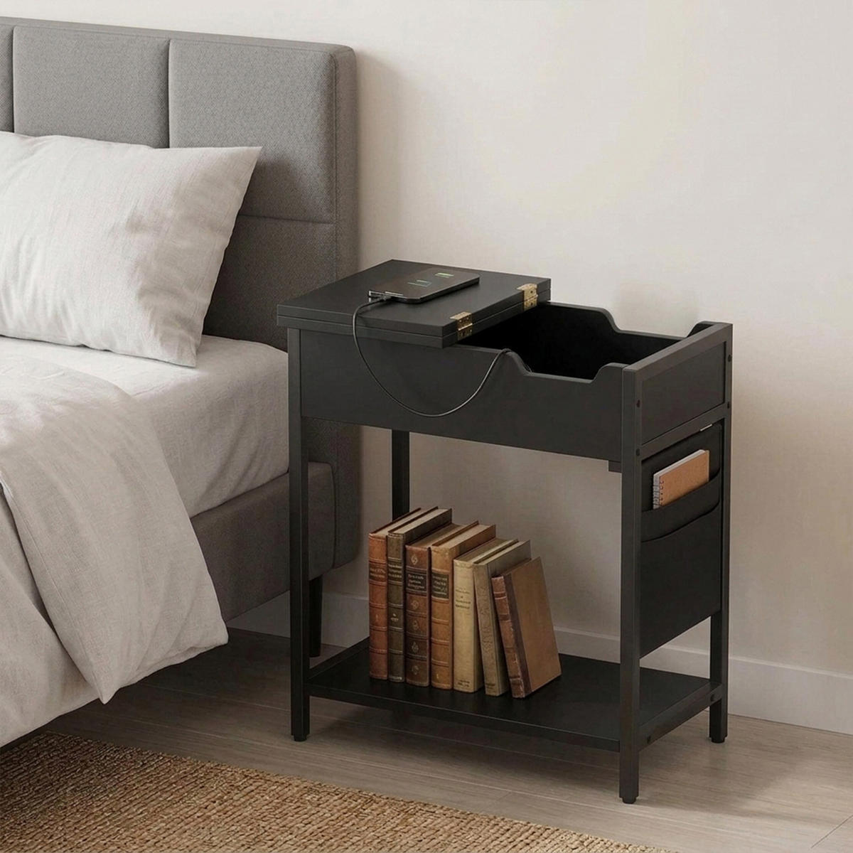 BOČNÝ stolík - čierna, kov/kompozitné drevo (31.5/30/60cm) - Relaxdays