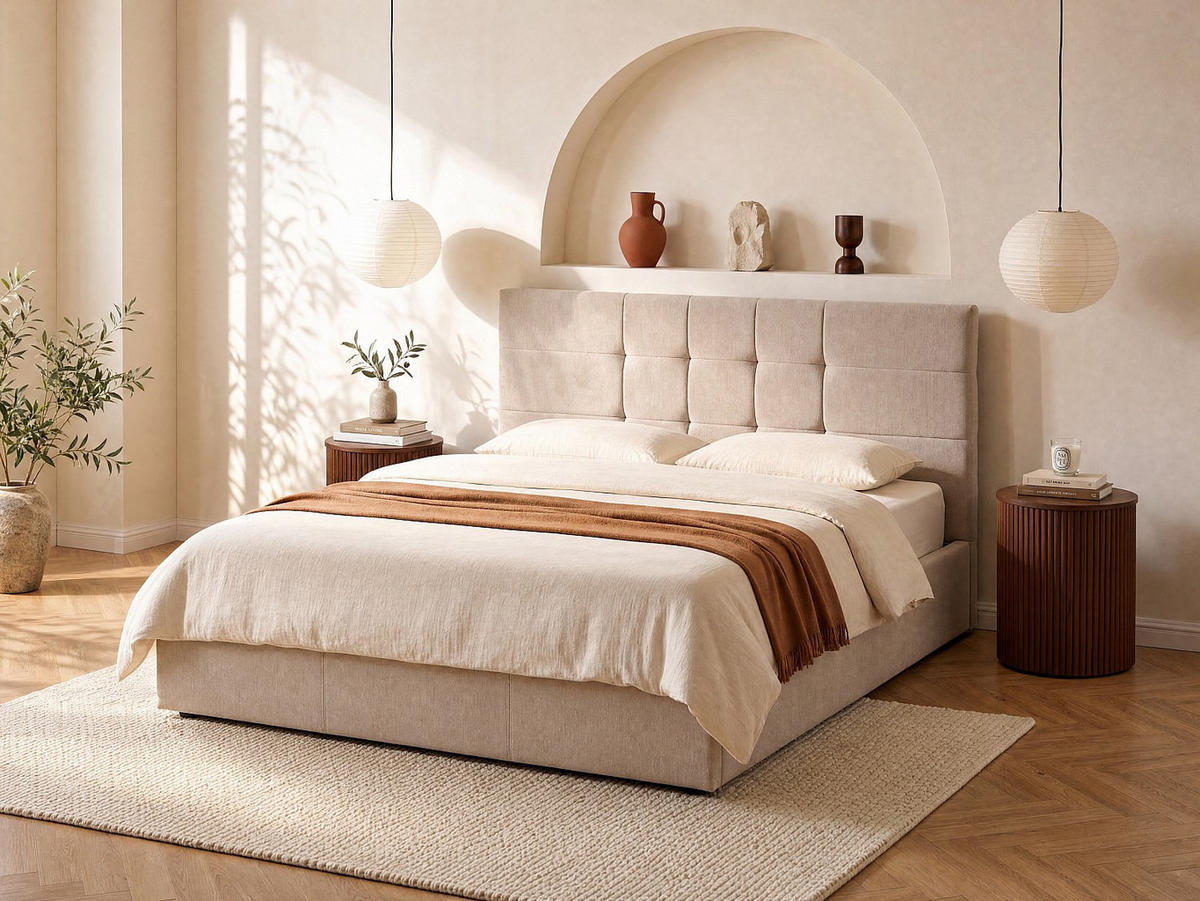 BETT mit Bettkasten - 2 Personen - Stoff - Beige - - Beige, Textil (180/200cm) - Vente-Unique