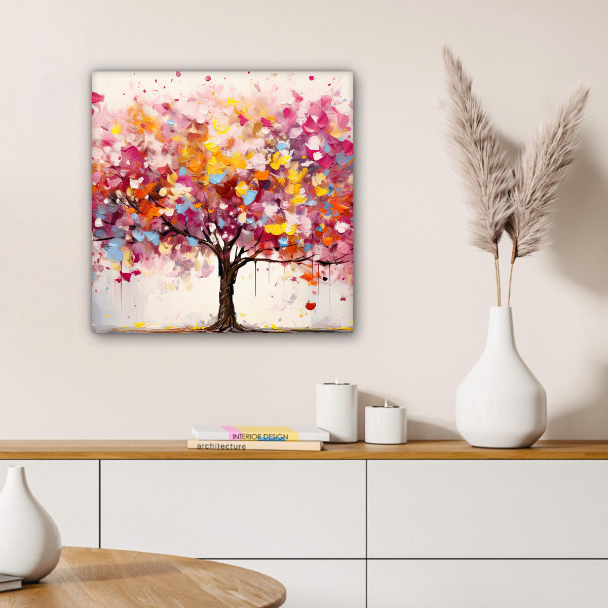 LEINWANDBILD Aquarell - Baum - Kunst - Abstrakt Wandbild Wohnzimmer 50x50 cm - Multicolor, Textil (50/50cm) - MuchoWow