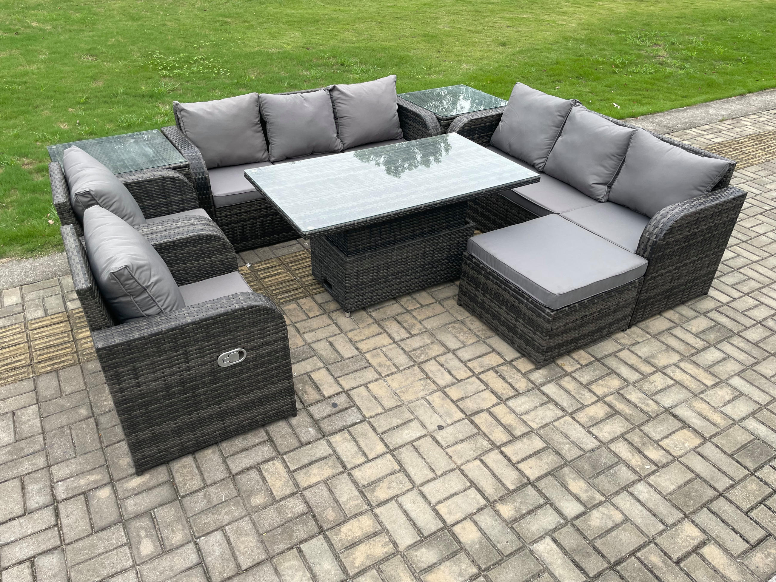 GARTENTISCHGRUPPE Polyrattan 9-Sitzer - Dunkelgrau/Grau, Glas/Kunststoff - Fimous