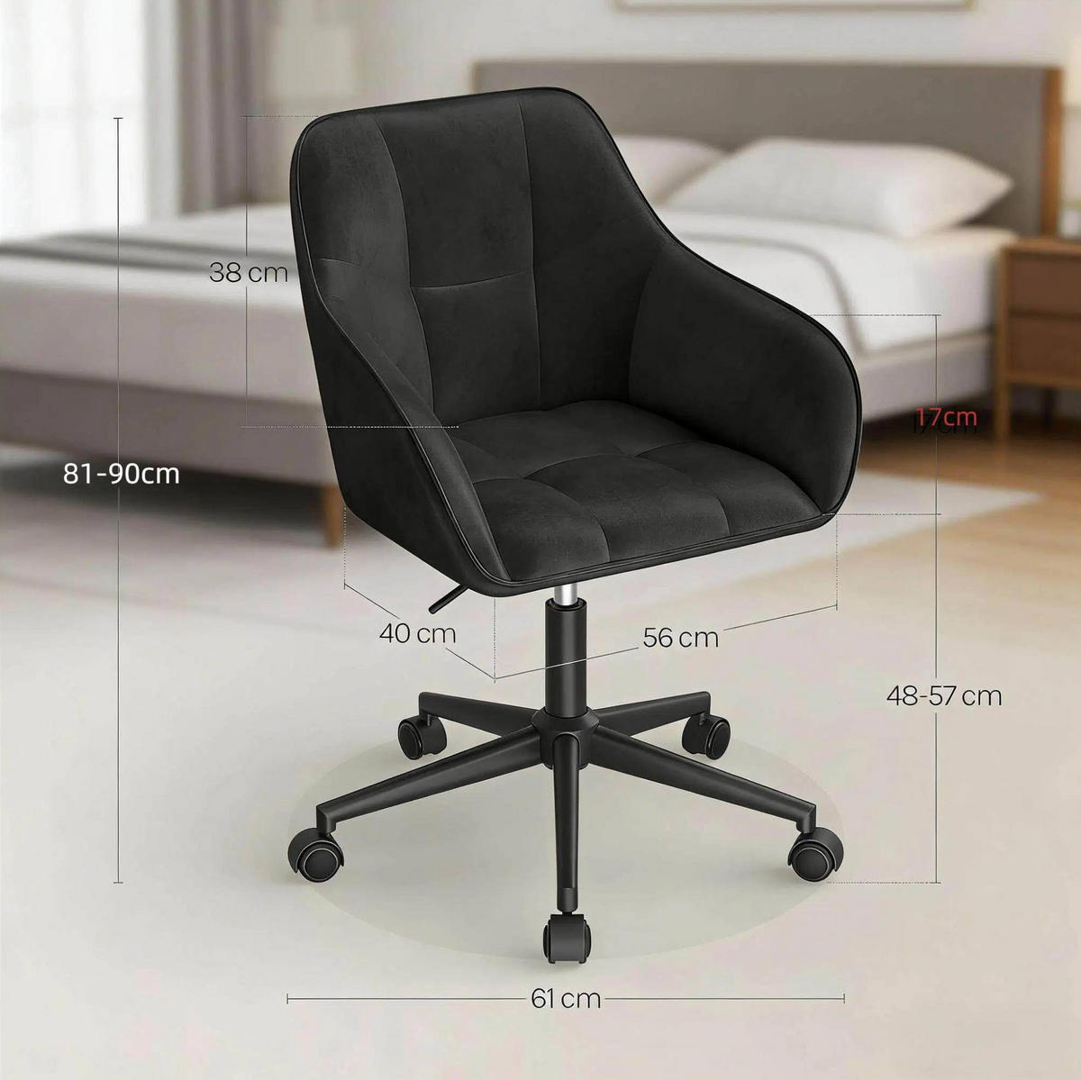 DREHSTUHL 61/61/90 cm schwarz aus Metall und Samt, 360° drehbar - Schwarz, Metall (61/40/40.5cm) - OKWISH