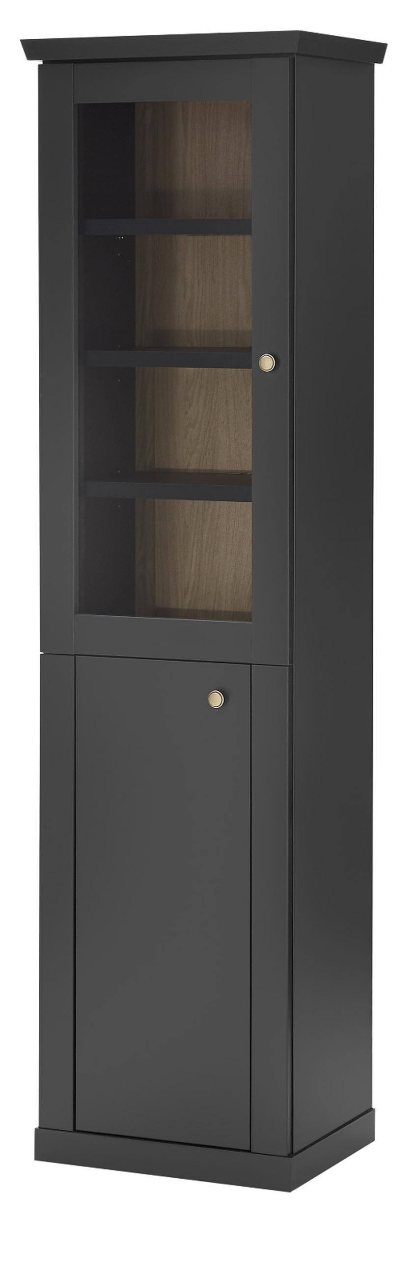 VITRINE schwarz matt, Eiche 55 cm, Vitrinenschrak Landhaus mit Soft-Close - Eichefarben/Messingfarben, Glas/Holzwerkstoff (55/200/39cm) - Furn.Design