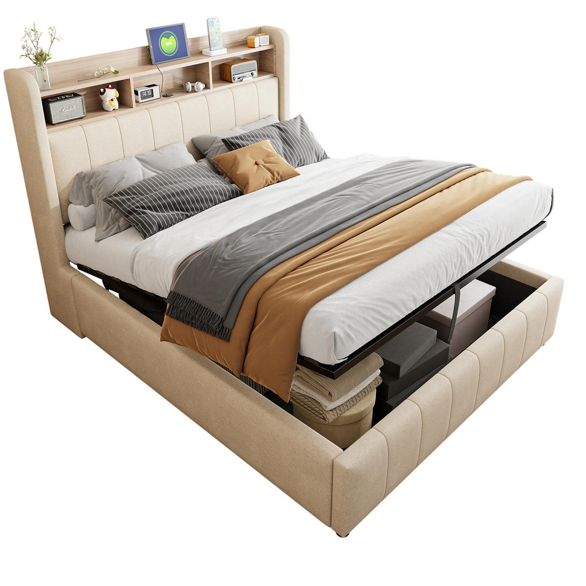 ČALÚNENÁ posteľ 140/200 cm s meniacim sa LED osvetlením, USB a Type-C portom, úložným priestorom, Béžová - béžová, textil (140/200cm) - Redom