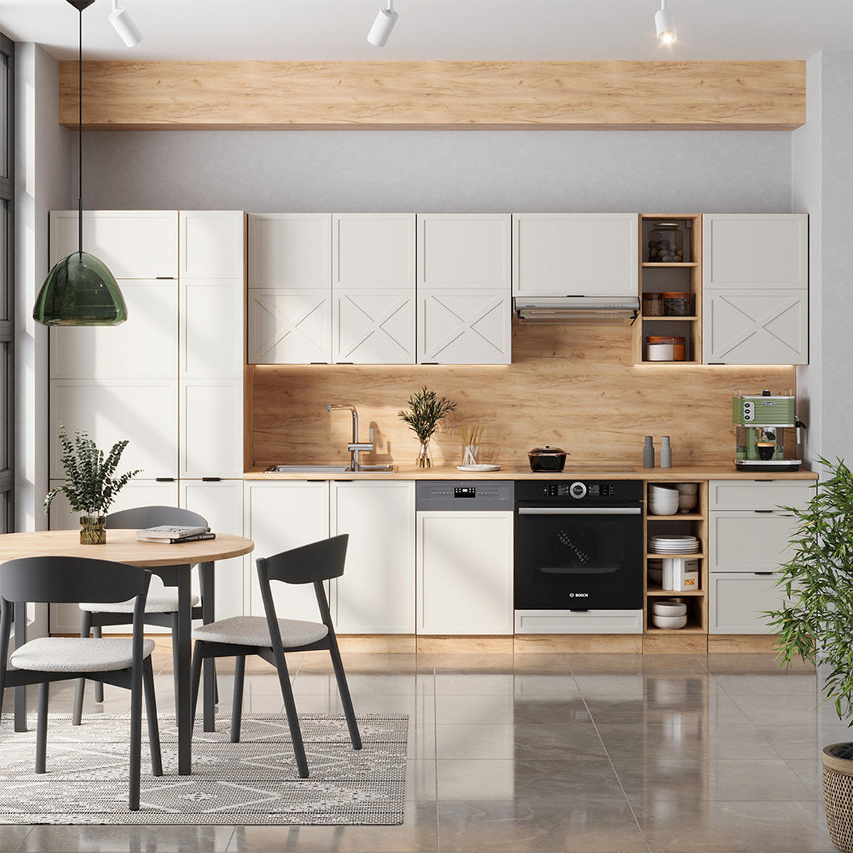 KÜCHENZEILE Fame-Line GrauBeige/Goldkraft Eiche 355 cm, AP Eiche - Honigeiche/Grau, Holzwerkstoff (355/81.6/60cm) - Vicco